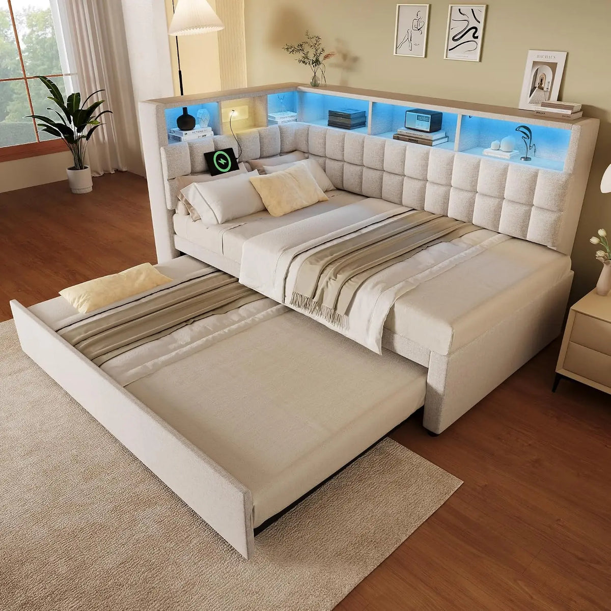 Zepneiy Lit 90x200 avec gigogne 90x190 – beige