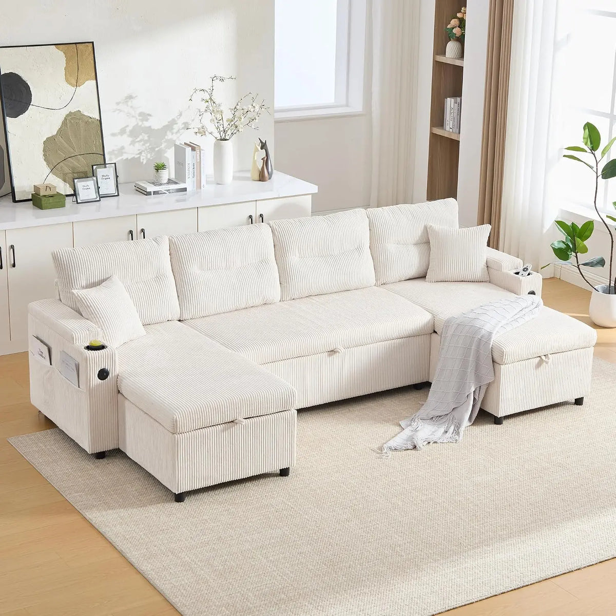 Sapgaks Canapé Convertible 4 Places avec Porte-gobelets – beige