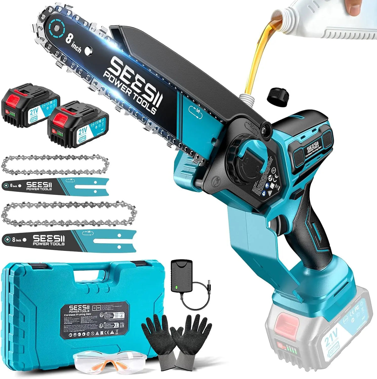 SEESII 6 & 8 Pouces Mini Tronconneuse a Batterie - sans balais Elagueuse – 1000 W, 4000 mAh / 4,0 Ah, bleu/gris