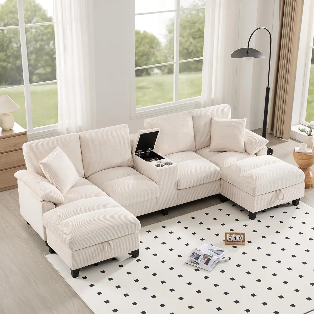 Yihomfy Canapé d'angle modulable 293 cm Canapé en U avec Double méridienne et 2 Porte-gobelets – 4 Places, beige