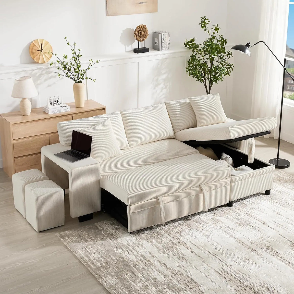 Canapé d'angle Convertible Pliant – 231 x 131,5 x 84 cm, 3 Places, beige