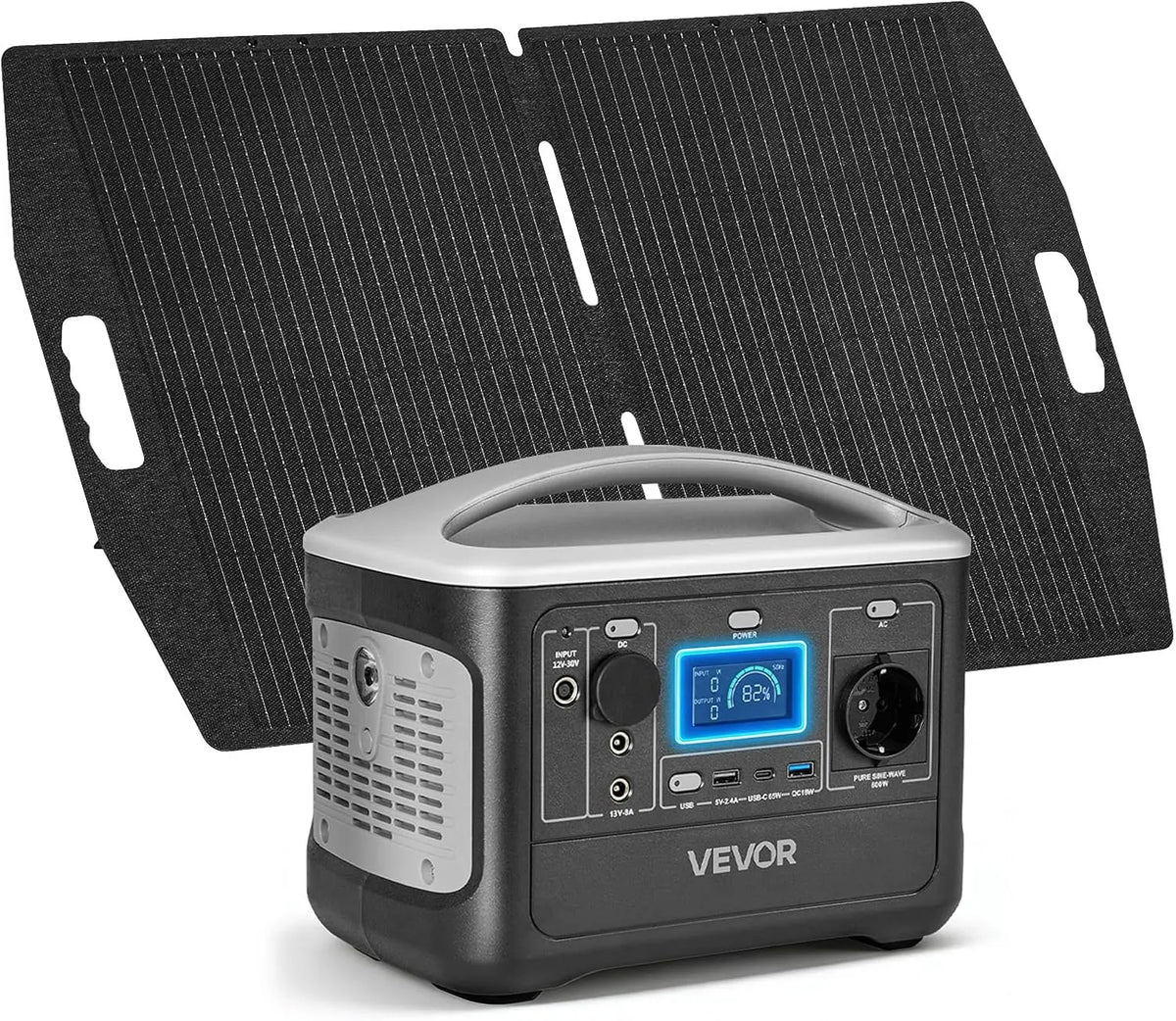 VEVOR Station Électrique portable 600 W Générateur Solaire portable Panneau Solaire 100 W Batterie – 600 W / 100 W, gris/noir