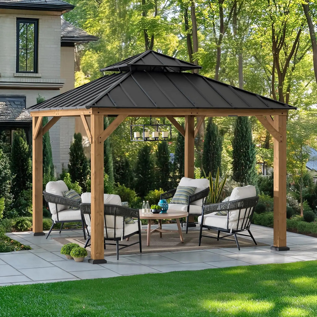 SUNJOY Tonnelle Hardtop en Bois 3,3 × 3,3 m – gris/vert